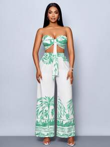 SOLERSUN Summer Women's Clothing, Casual Vacation, White Background Orange Flowers, Sleeveless Tube Top, Front Center Tie, Back Pleated Top, Loose Wide-Leg Pants Suit, Woven Two Pieces Suit