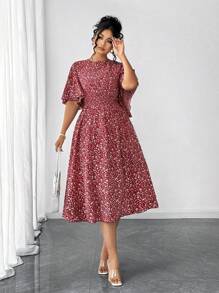 Elenzga Plus Size Women's Ditsy Floral Round Neck, Ruffle Sleeve, Waist Gathered A-Line Midi Dress, Elegant Casual Wear