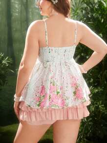 Flirla Damen Große Größen elegantes Top mit floraler Stickerei, Muster und Rüschen-Bindedetail - Pink - Übersicht 2