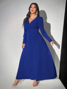 Viva Relle 大码女式 V 领长袖褶皱连衣裙长款女式服装 - 寶藍色 - 查看 3