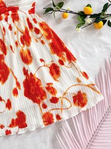 Soleia 女士度假风红色扎染花卉印花 A 字形系带领飘逸蝴蝶结夏季连衣裙，性感可爱，适合毕业季、婚礼季、圣诞节 - 黃色 - 查看 3