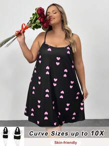 SHEIN CURVE+ Camisón de mujer de tallas grandes con estampado de corazón y tirantes finos, atuendos para Día de San Valentín, playa, vacaciones en la playa, graduación, fiesta del té - Multicolor - Ver 1