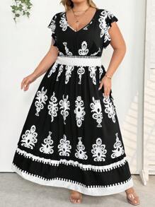 SHEIN CURVE+ Vestido casual de vacaciones con cuello en V, volantes, mangas tapón, cintura con cordón y dobladillo con volantes en forma de A, para mujer talla grande. Atuendo para la playa/Vestido de playa/Atuendos de vacaciones en la playa/Esenciales de playa/Graduación/Vestido para té