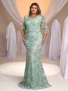 Serin Đầm dự tiệc đuôi cá tay midi đính hạt và ren đính đá màu xanh navy sang trọng lãng mạn cỡ lớn, thích hợp cho tiệc Gala, đám cưới, tiệc tối, mẹ cô dâu - màu xanh lá - Xem 4