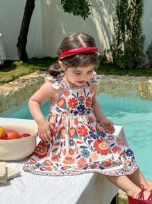 婴儿女孩 0-3 岁度假休闲短款盖袖波西米亚风格长裙，适合户外穿着，春夏季