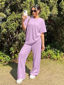 SHEIN EZwear 针织纹理宽松T恤和裤子套装，夏季休闲装 - 淡紫色 - 查看 6