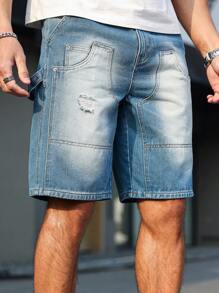 Manfinity LEGND 男士休闲洗水破洞牛仔短裤 - 藍色 - 查看 1