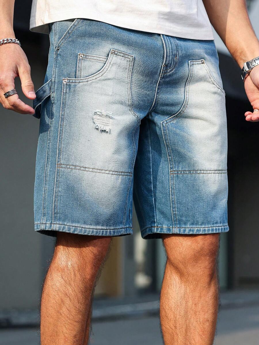 Manfinity LEGND 男士休闲洗水破洞牛仔短裤 - 藍色 - 查看 1