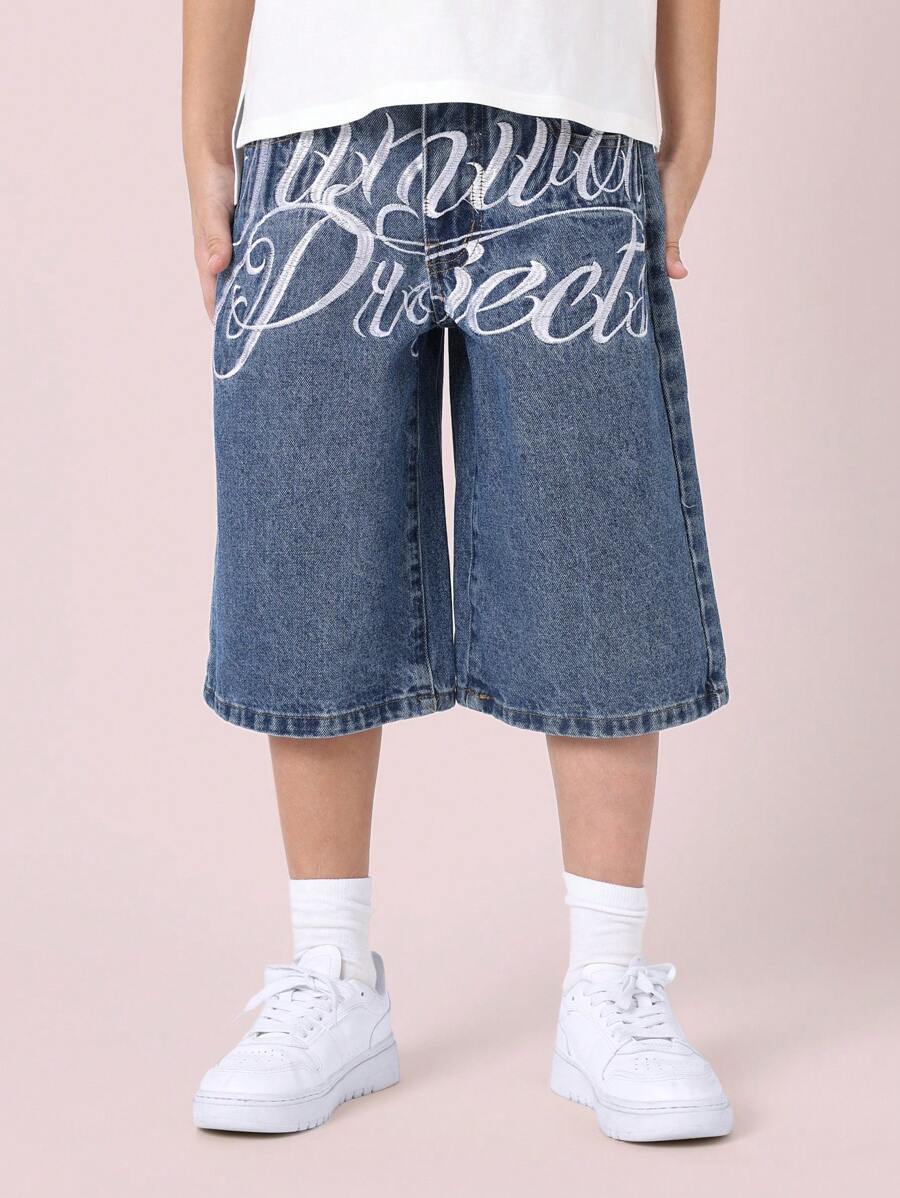 SUMWON Stylish Script Graphic Denim Jorts Baggy Skater Style Summer Street Fashion Casual Wide Leg Retro Urban Hip Hop Festival Shorts - Medium Wash - View 1