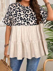 EMERY ROSE Camiseta de manga corta con estampado de leopardo y parches en gris para mujer talla grande - Caqui - Ver 6