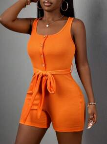 Slaydiva Sommerurlaub, einfarbig, orange, eckiger Ausschnitt, Knopfleiste vorne, ärmelloser Jumpsuit