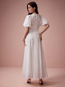 Enchnt Women's Elegant Party Solid Color Puff Sleeve Dress