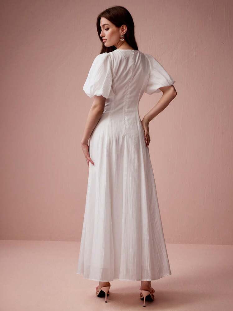 Enchnt فستان نسائي أنيق بأكمام منتفخة ذو لون أحادي - أبيض - مشاهدة 7