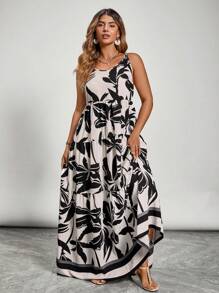 Freevana 大码休闲度假全印花连衣裙 - 黑與白 - 查看 4