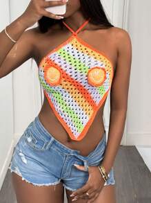 Slaydiva 2025 Nouveau Top court d'été en tricot pour femmes, style loisirs vacances, décontracté, col ras-du-cou, emmanchure en V, sans manches, rayures arc-en-ciel, décoration ronde souriante en 3D - Multicolore - Voir 7