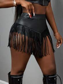 Slaydiva 2025夏季新款休闲街头PU流苏弹力紧身短裤，适合音乐节、复活节、毕业季、日常穿着 - D