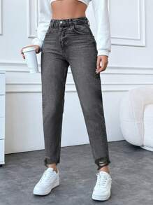 SHEIN Cottnline سروال جينز نسائي من القطن 100% مهترئ مع حافة متشققة - رمادي - مشاهدة 4