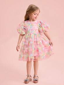 Young Girl Charming Elegant Floral Print Mesh Short Sleeve Dress, Summer - Multicolor - View 5