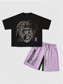 ROMWE MEN Street Life Men's Loose Fit Hip Hop Graphic Print T-Shirt & Shorts Set, Casual Summer Outfit - Purple - View 6
