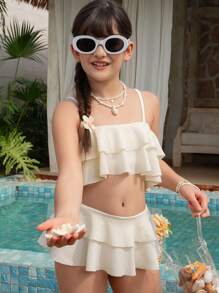 Tween Girls 2 Pieces Bikini Set, Jacquard White Fabric With Ruffle, Fashionable Casual Elegant Graceful For Swimming, Vacation, Summer, Sweet Style, Solid Light Beige Tween Girl Summer Clothes Tween Summer Clothes Girls Toddler Girl Bathing Suits Summer Holiday - White - View 6
