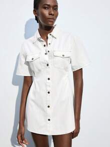 Maija 女士白色牛仔翻领衬衫裙 - 深色水洗藍 - 查看 2