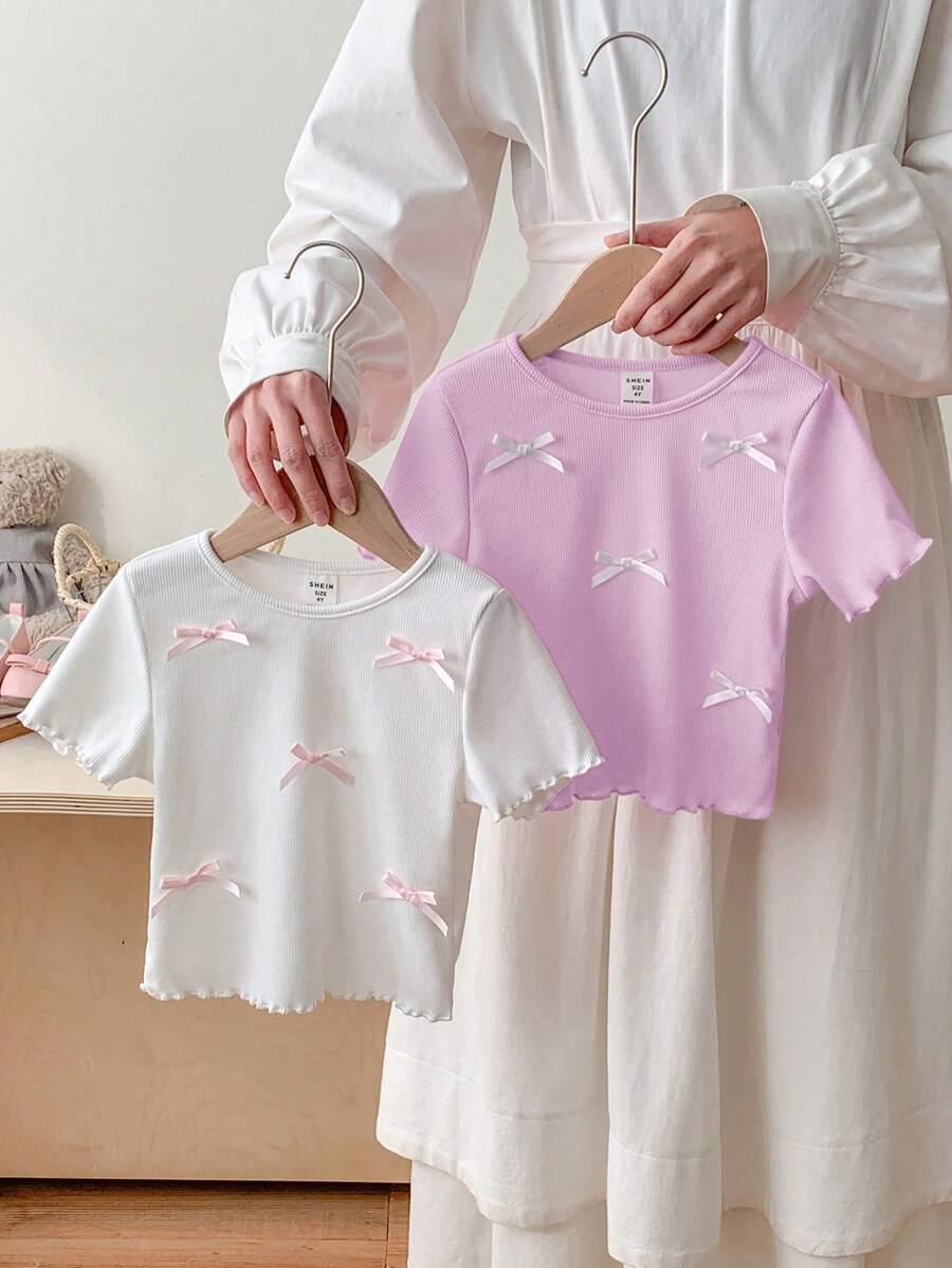 SHEIN LMoss Kids 2pcs Set Young Girl Fashion Solid Color Round Neck Form-Fitting Casual T-Shirt - Purple - View 1
