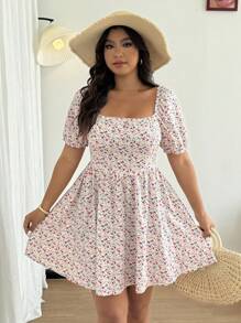 Flirla 大码女式方领泡泡袖印花迷你连衣裙 - 杏色 - 查看 6