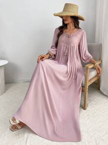 EMERY ROSE Đầm dài tay đèn lồng ren tương phản thanh lịch cho nữ - Bụi hồng - Xem 6