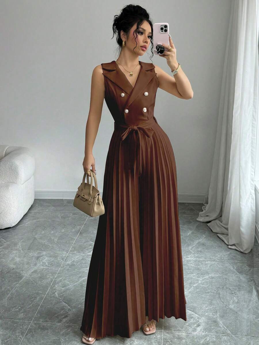 Elenzga Women's Elegant Apricot Double-Breasted Design Pleated Jumpsuit, Spring & Autumn - Mocha Brown - View 1