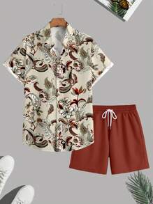 Manfinity RSRT Vacation Beach French Palace Style Floral Print Slim Fit Men's Short Sleeve Shirt Set - Multicolor - View 2