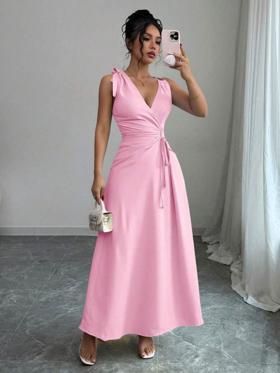SHEIN Unity Women Elegant Asymmetric Knot Pleated Asymmetrical Hem Cami Dress - Pink - View 1