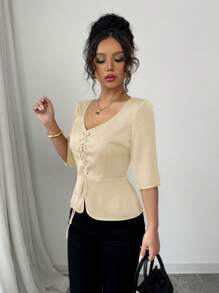 Elenzga Blusa de mujer minimalista y refinada con cuello en forma de corazón, manga corta, cintura con parche y nudo delantero para primavera/verano