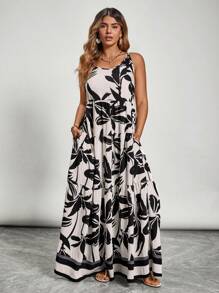 Freevana 大码休闲度假全印花连衣裙 - 黑與白 - 查看 1
