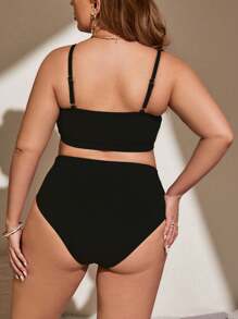 Swim Basics Plus Size Women's Solid Color Strap Separate Style Fashion Casual Vacation Swimsuit Set For Summer - Black - View 2