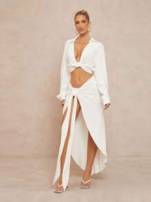 Lumalex Collared Loose Tie Waist High Slit Women Multi-Piece Set - White - View 3