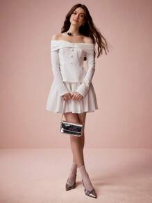 Enchnt Robe élégante femme à manches longues, épaules dénudées, plissée, couleur unie, ourlet - Blanc - Voir 1