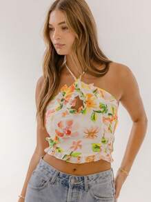 Aralina Floral Print Halter Ruffle Trim Summer Vacation Crop Top - Yellow - View 6