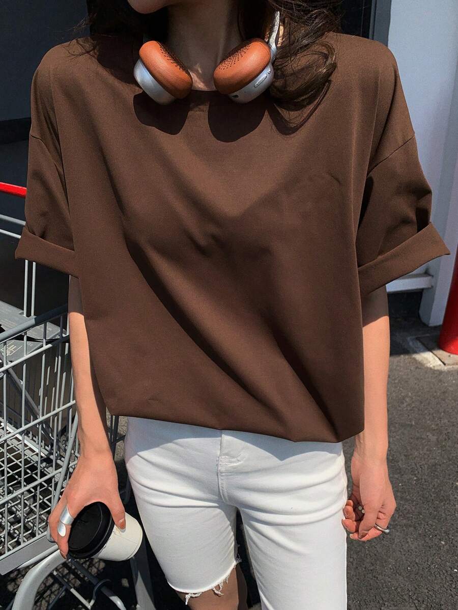 DAZY 女士夏季圆领宽松纯色休闲短袖T恤超大码T恤,商务休闲女装,返校服 - 咖啡棕 - 查看 1