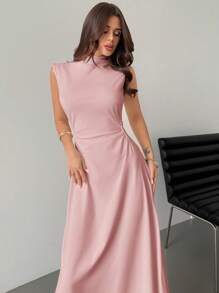 Firerie 情人节新款简约优雅浪漫约会/办公装白色立领无袖褶皱 A 字长裙 - 藕粉色 - 查看 5