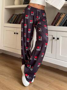 Muchica Women Heart & Letter Print Drawstring Waist Long Pants - Black - View 3
