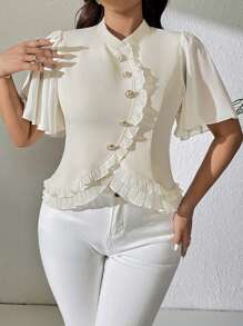 Celure Große Größen Hemd mit Stehkragen, Plissee Rüschenärmel, Metallknöpfe dekoriertes elegantes Hemd mit gerüschtem Saum