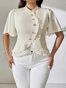 Celure Große Größen Hemd mit Stehkragen, Plissee Rüschenärmel, Metallknöpfe dekoriertes elegantes Hemd mit gerüschtem Saum