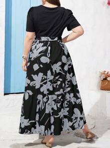 SHEIN Holidaya Plus Size Random Printed Ruffle Hemline Short Sleeve Dress With Round Neck Maxi Women Outfit