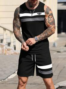 Manfinity Homme Set di gilet e pantaloncini casual da uomo in stile urban con design a righe e patchwork