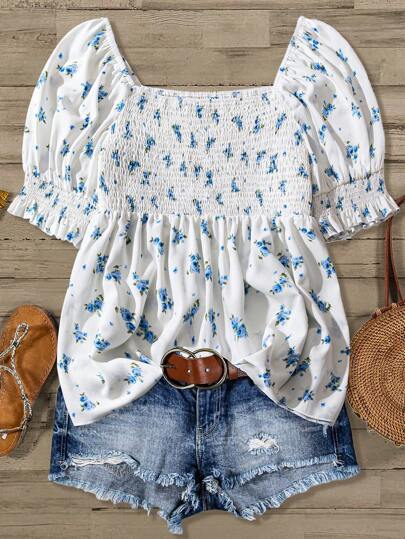 SHEIN LUNE Plus Size Women's Ditsy Floral Square Collar Puff Sleeve Frill Trim Blouse
