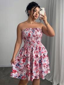 Elenzga Váy xếp lớp in hoa lãng mạn thanh lịch cỡ lớn cho nữ mùa hè - Nhiều màu - Xem 1