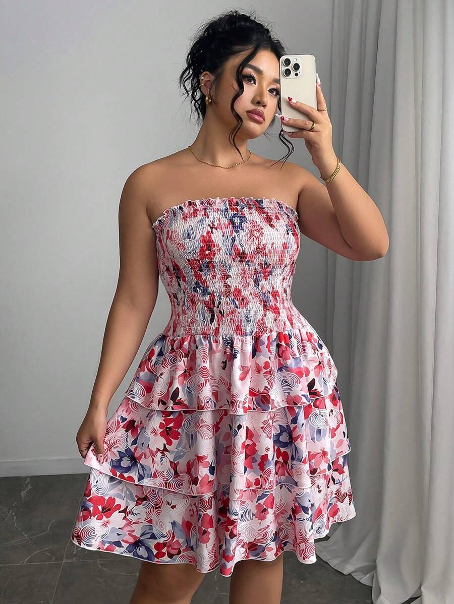 Elenzga Váy xếp lớp in hoa lãng mạn thanh lịch cỡ lớn cho nữ mùa hè - Nhiều màu - Xem 1