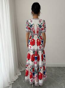 Elenzga 女士花卉印花泡泡袖长裙，优雅度假 - 彩色 - 查看 2