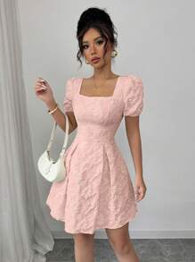 Rafferiza 女士优雅纯色提花泡泡袖方领连衣裙 - 粉色 - 查看 4