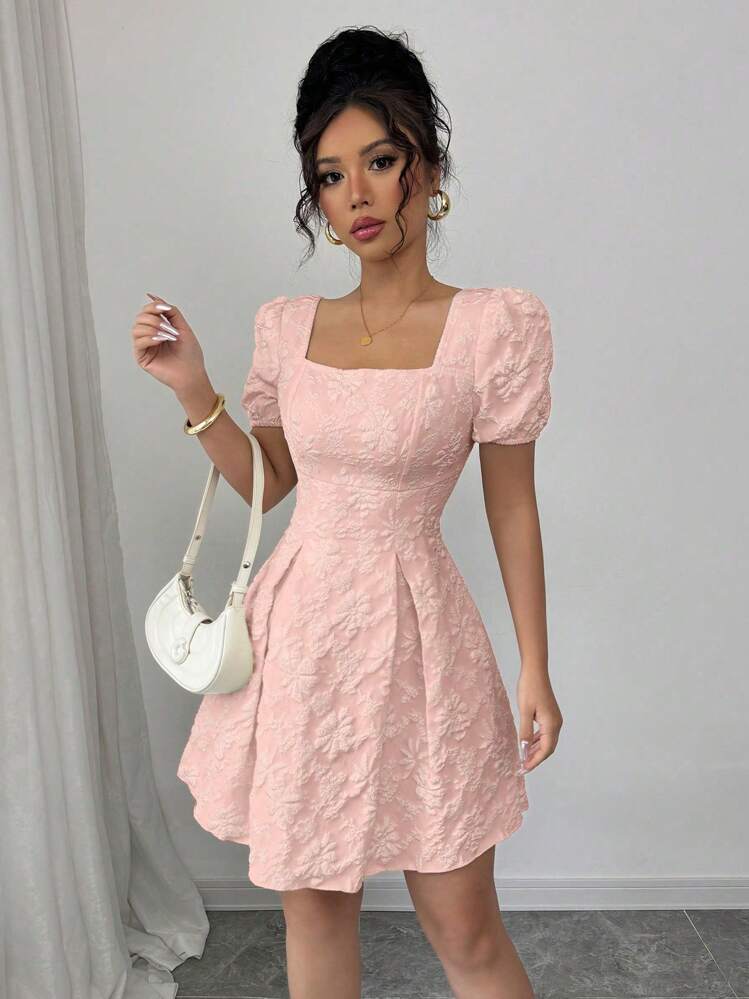 Rafferiza Women's Elegant Solid Color Jacquard Puff Sleeve Square Neck Dress - Pink - View 4